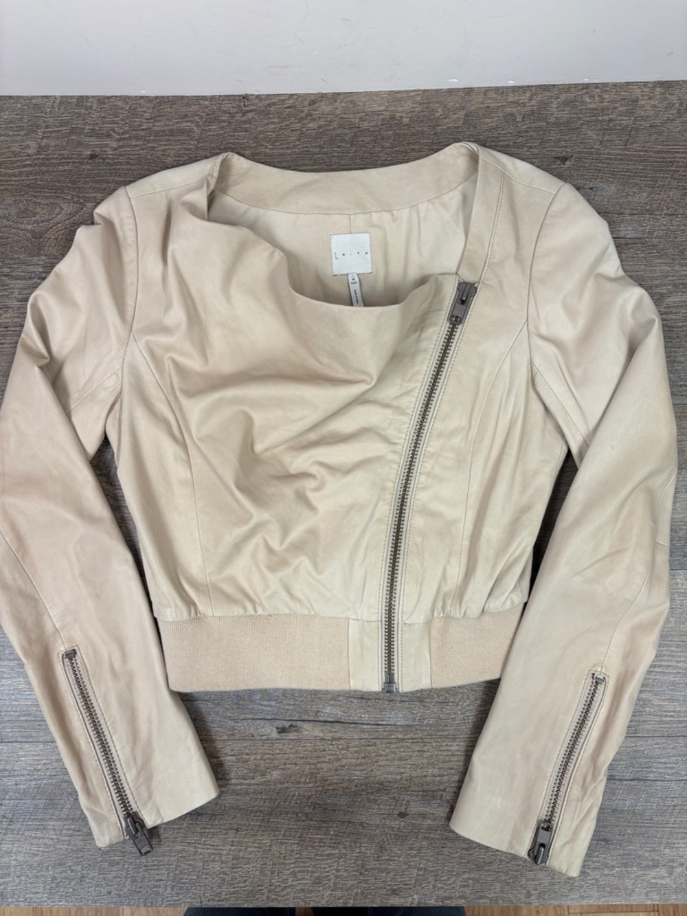 Leith Genuine Leather Moto Jacket Cream Asymmetrical Zip Cropped Size Medium